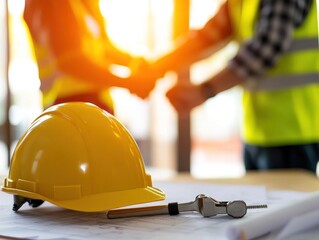 Poster - Two workers handshake with hardhat and blueprint.