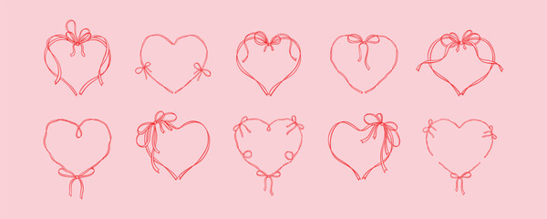 valentines day elegant greeting card template. cute line art hand drawn bow ribbon heart frame. roma