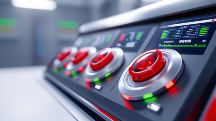 Poster - A close-up of a modern control panel featuring red knobs and digital displays, highlighting advanced technology in operation.