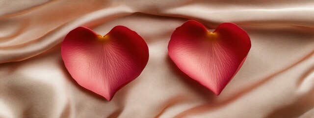 Poster - Two red heart-shaped rose petals on soft, draped fabric.