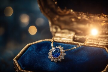 Aufkleber - Sapphire necklace in golden box with bokeh lights.