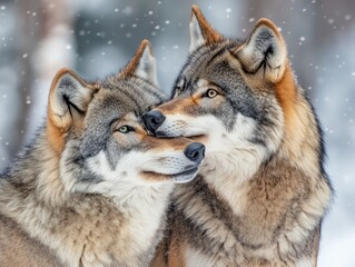 Aufkleber - Two wolves cuddling during snowfall.