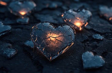 Poster - Glowing, cracked ice hearts on dark surface.