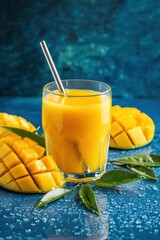 Poster - Fresh mango juice with fruit pieces and green leaves.