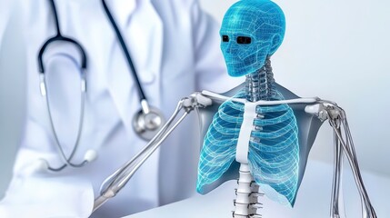 Poster - A futuristic skeleton model is displayed beside a doctor, showcasing advanced medical technology and anatomy in a clinical setting.
