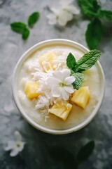 Poster - Dessert bowl with pineapple, coconut, mint, flower garnish.