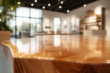 Poster - Glossy wooden table with blurred interior background.
