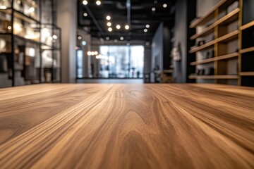 Poster - Wooden table with blurred interior, lighting, shelves and view.