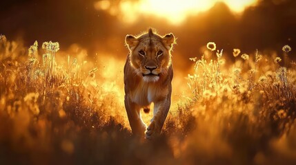 Aufkleber - Lioness strides golden field under sunset.