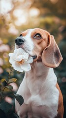 Poster - Cute beagle holds white flower in its mouth, outdoors.