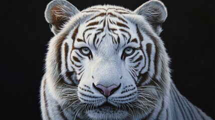 Poster - White tiger portrait, front view, striking blue eyes on dark background.