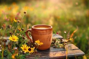Aufkleber - Clay mug of coffee on wooden surface, flowers.