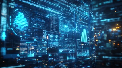 Aufkleber - Glowing blue futuristic data interface with charts and graphs in depth.