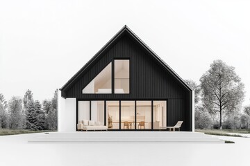Poster - Modern house, black facade, large windows, deck, trees, minimal.