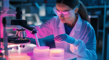 Poster - scientist conducting research in a laboratory with glowing petri dishes and advanced equipment durin