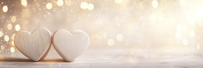 Poster - Wooden hearts with golden bokeh background.