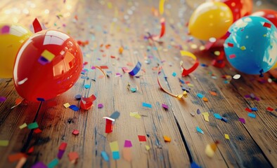 Aufkleber - Colorful balloons & confetti on wood floor.