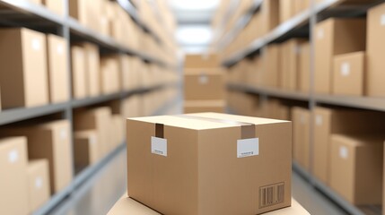 Poster - Stacked cardboard boxes on shelving in warehouse.