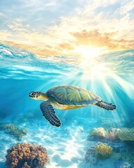 Aufkleber - Sea turtle swims over coral reef with bright sky backdrop.