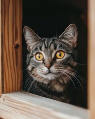 Poster - Stripped tabby cat looking from a wooden window.