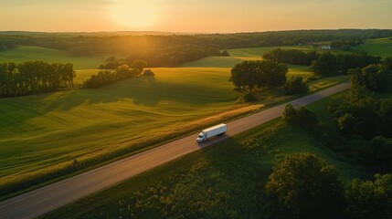 Aufkleber - Truck drives on road through golden fields at sunset.