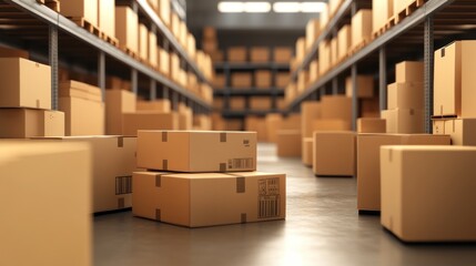 Poster - Warehouse filled with boxes on shelves and ground.