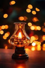 Poster - Glowing candle in glass lamp, bokeh background.