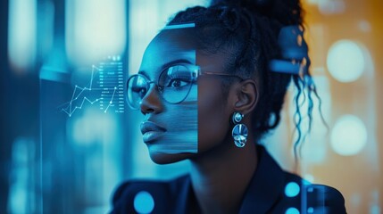 Fototapete - Woman in glasses looks at holographic data display.