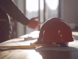Poster - Orange hardhat on blueprints with blurred worker.