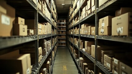 Poster - Warehouse with long shelves full of stacked cardboard boxes.