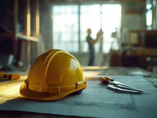 Aufkleber - Yellow hardhat on blueprint, construction site with workers blurry in background.