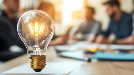 Poster - A glowing light bulb in the foreground illuminates a meeting scene, symbolizing ideas and innovation among people engaged in discussion.