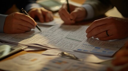Aufkleber - People reviewing financial documents on table, hands writing.