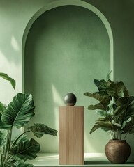 Poster - Green interior with arch, plants, wood pedestal, and sphere.