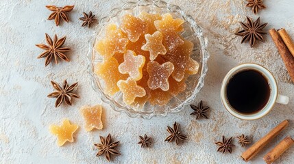 Poster - Star shaped candies, spices, coffee on textured background.