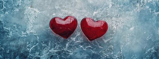 Poster - Two red hearts on icy, blue texture.