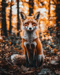 Aufkleber - Fox sitting in forest with orange autumnal background.