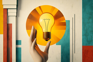 Aufkleber - A hand reaches for a glowing light bulb, symbolizing ideas, inspiration, and creativity against a colorful abstract background.