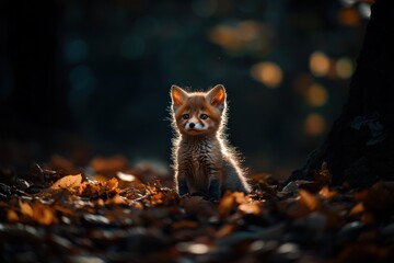 Aufkleber - Cute fox kit in forest leaves.