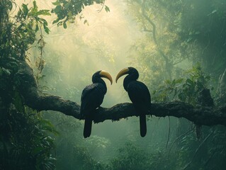 Poster - Two hornbills perch on a branch in a foggy jungle.