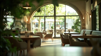 Aufkleber - Blurred cafe interior with tables, chairs, and a large arched window.