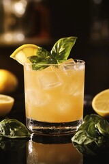Poster - Cocktail with lemon slice, basil leaves, ice.