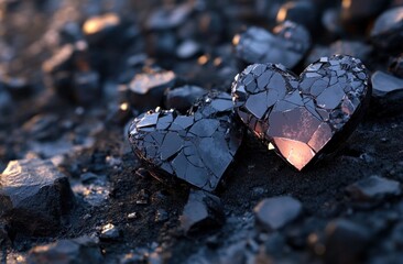 Poster - Two metallic, fractured hearts on a dark textured surface.