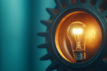 Poster - A glowing light bulb encased in a decorative gear, radiating warmth against a soft blue background.