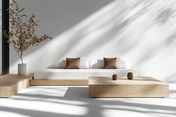 Aufkleber - Minimalist indoor space with sofa, table, plant and sun light.