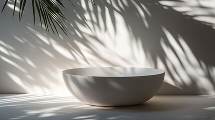 Leinwandbilder - White bowl on surface, palm shadows.