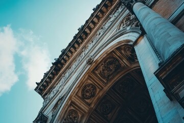 Poster - Ornate stone archway with intricate details against a blue sky.