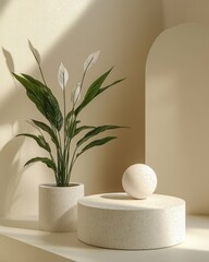 Poster - Plant on plinth, sphere, neutral tones.