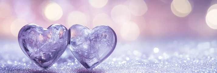 Poster - Two crystal hearts on a glittery surface with bokeh light.
