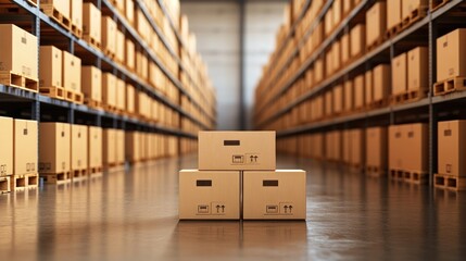 Poster - Boxes stacked in warehouse aisle with shelves.